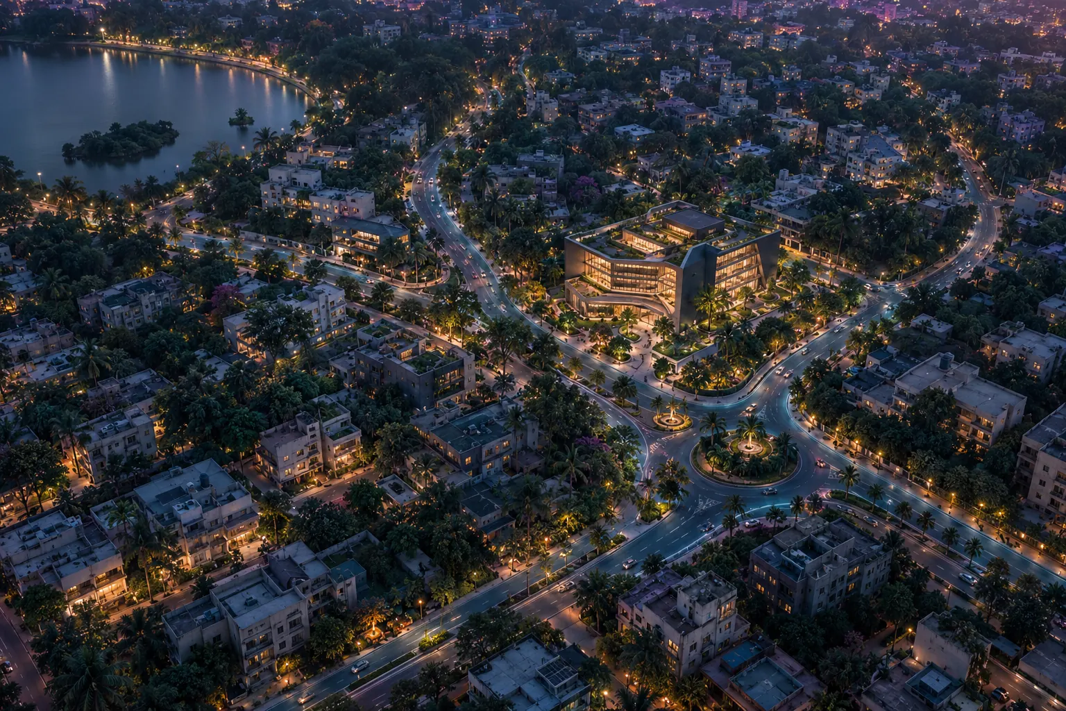 Illustrative cinematic Indian city at dusk